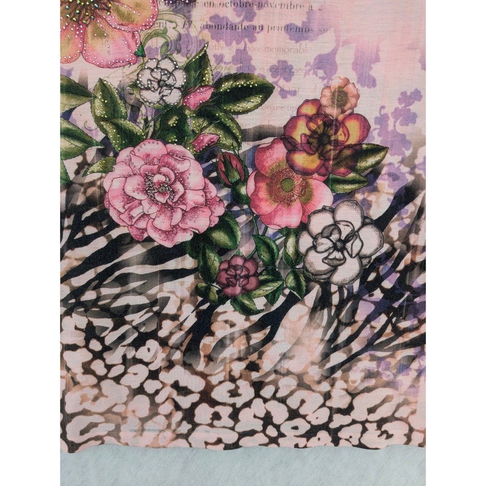 B.L.E.U. Womens Pink Mixed Print Floral Animal Rhinestone T-Shirt XL Y2K - Picture 4 of 9